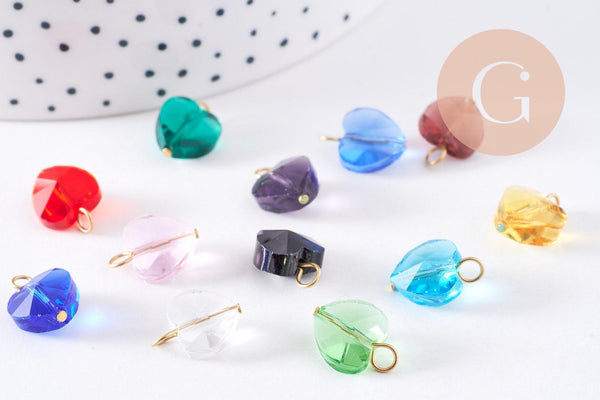 Pendentif coeur cristal coloré facetté acier 304 inoxydable doré 14mm, x1 (G10710)