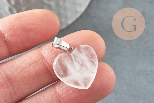 Pendentif coeur cristal de roche laiton platine 22mm, pendentif bijoux, pendentif pierre coeur x1 G2992
