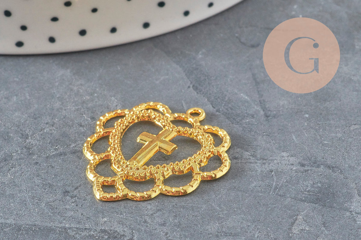Pendentif coeur croix dentelé zamac doré 31mm, x1 (G11356)-Breloques et pendentifs-Gingerlily Perles