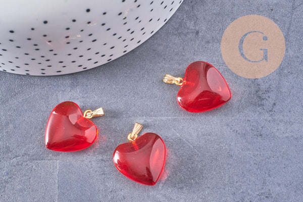 Pendentif coeur doré carats verre rouge transparent fer doré 22mm, x1 (G6207)