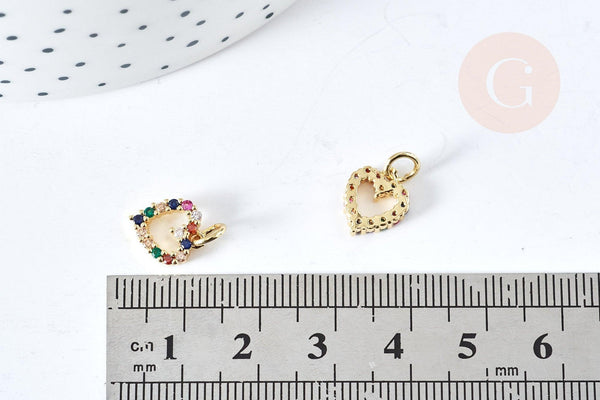 Pendentif coeur doré cristal zircons multicolores 10.5mm, pendentif laiton doré amour création bijoux, x1 G8519