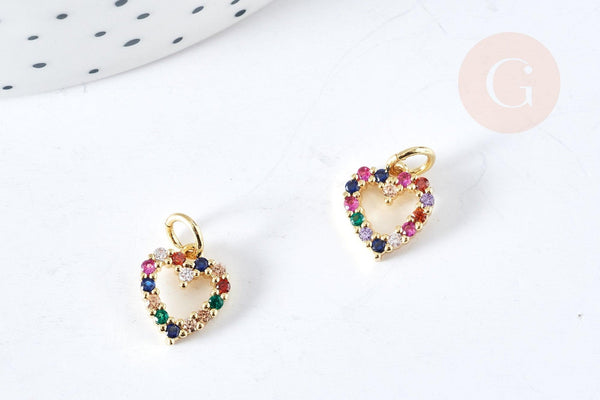 Pendentif coeur doré cristal zircons multicolores 10.5mm, pendentif laiton doré amour création bijoux, x1 G8519