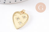 Pendentif coeur émail laiton doré 18K et zircon 24mm, x1 (G10158)
