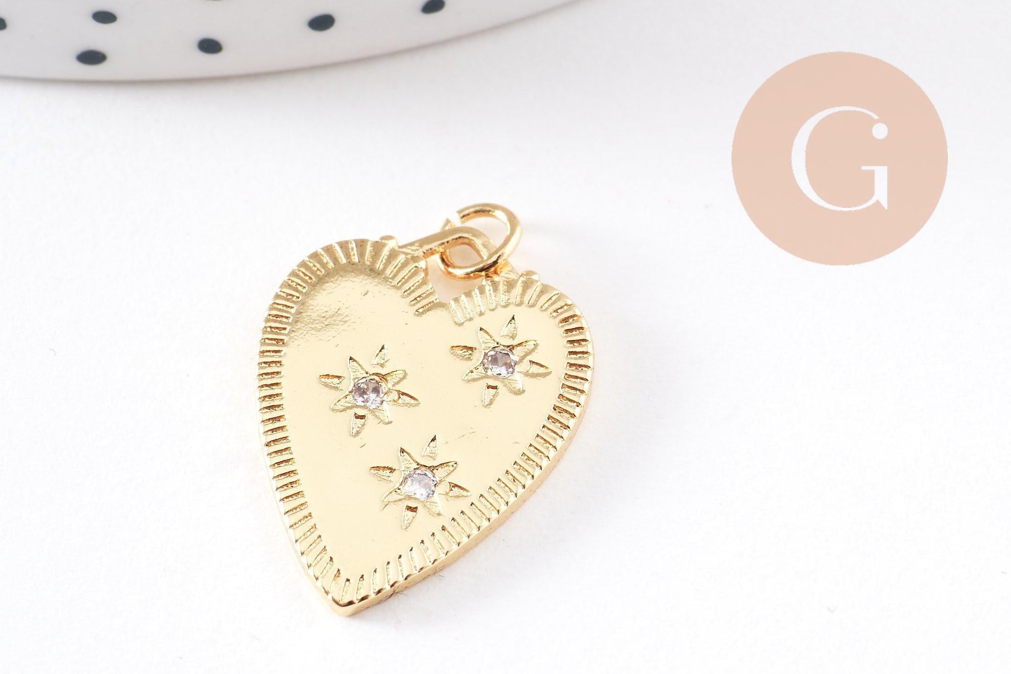 Pendentif coeur émail laiton doré 18K et zircon 24mm, x1 (G10158)