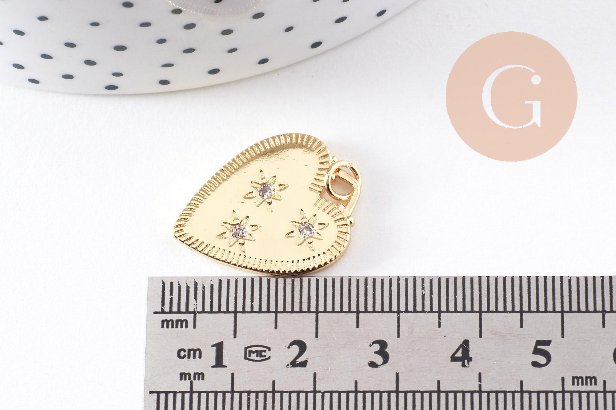 Pendentif coeur émail laiton doré 18K et zircon 24mm, x1 (G10158)