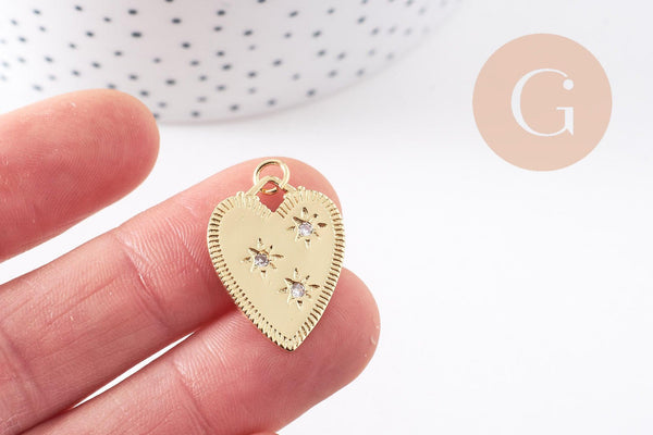 Pendentif coeur émail laiton doré 18K et zircon 24mm, x1 (G10158)