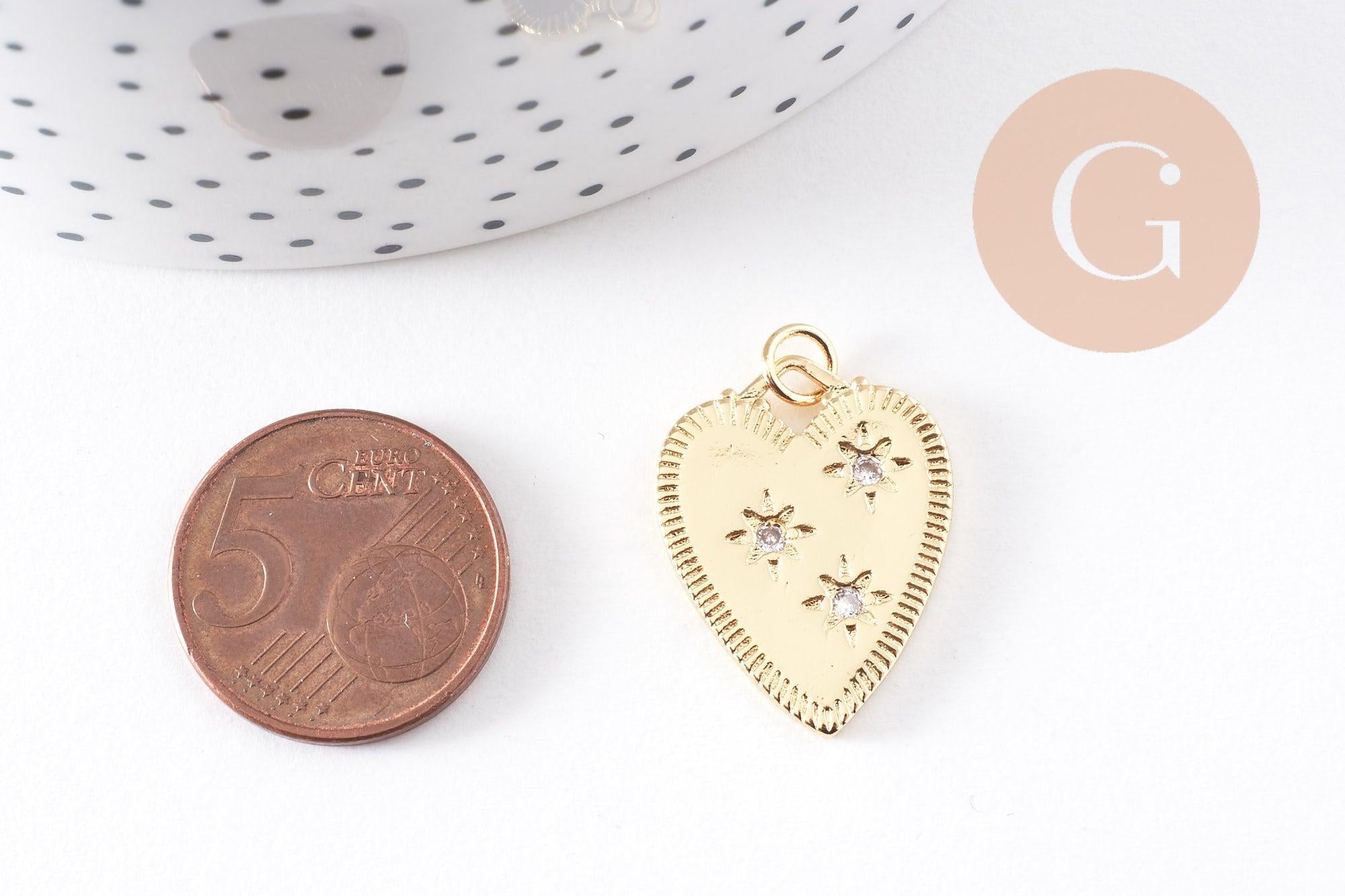 Pendentif coeur émail laiton doré 18K et zircon 24mm, x1 (G10158)