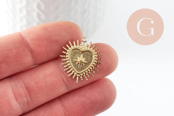 Pendentif coeur ex-voto acier 304 inoxydable doré 14K 14.5mm, x1 (G9580)