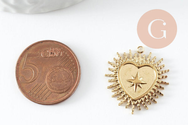 Pendentif coeur ex-voto acier 304 inoxydable doré 14K 14.5mm, x1 (G9580)