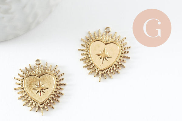 Pendentif coeur ex-voto acier 304 inoxydable doré 14K 14.5mm, x1 (G9580)