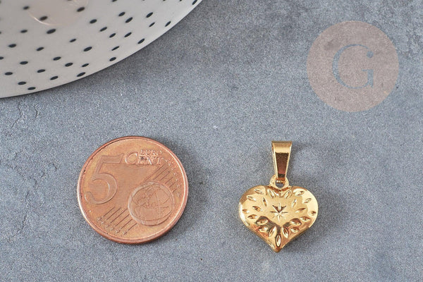 Pendentif coeur gravé 15mm en acier doré, breloque doré, acier inoxydable doré, pendentif sans nickel, x1 (G6031)