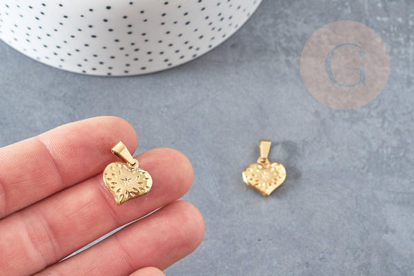 Pendentif coeur gravé 15mm en acier doré, breloque doré, acier inoxydable doré, pendentif sans nickel, x1 (G6031)