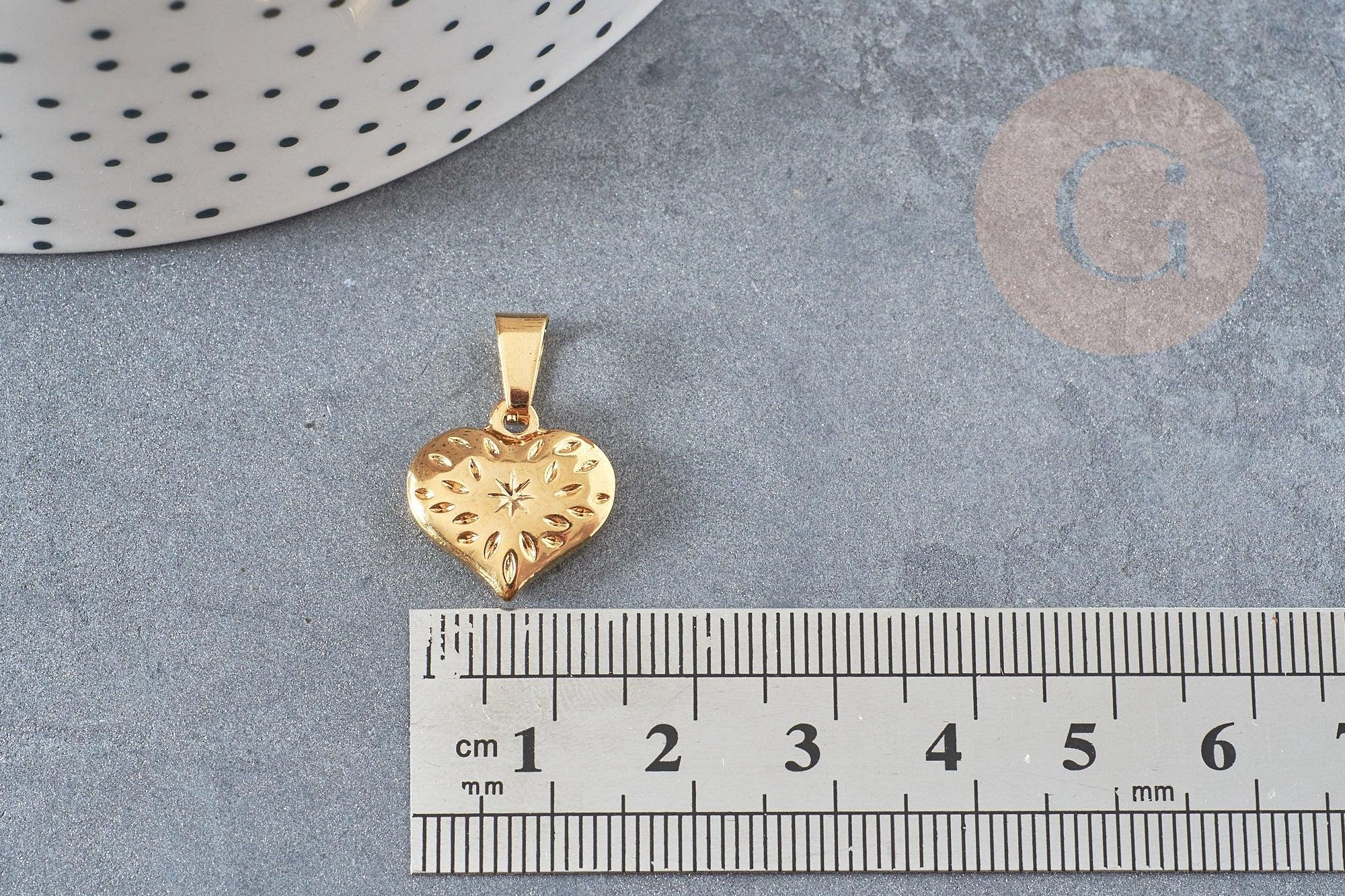 Pendentif coeur gravé acier 304 inoxydable doré 15mm, x1 (G6031)