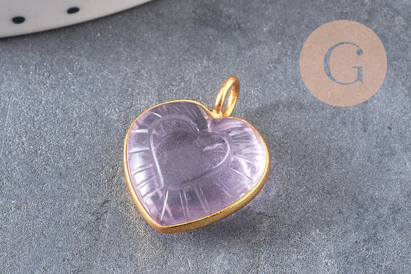 Pendentif coeur gravé pierre naturelle rose naturel argent 925 doré 18K 14mm, x1 (G10843)
