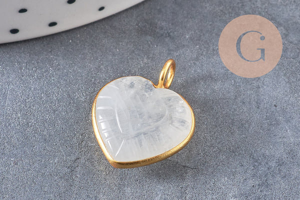 Pendentif coeur gravé pierre naturelle rose naturel argent 925 doré 18K 14mm, x1 (G10843)