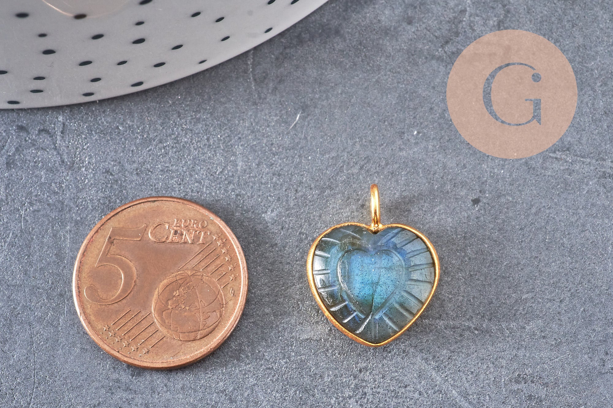 Pendentif coeur gravé pierre naturelle rose naturel argent 925 doré 18K 14mm, x1 (G10843)