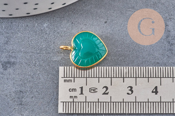 Pendentif coeur gravé pierre naturelle rose naturel argent 925 doré 18K 14mm, x1 (G10843)