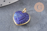 Pendentif coeur gravé pierre naturelle rose naturel argent 925 doré 18K 14mm, x1 (G10843)