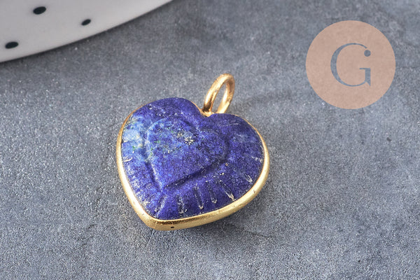 Pendentif coeur gravé pierre naturelle rose naturel argent 925 doré 18K 14mm, x1 (G10843)