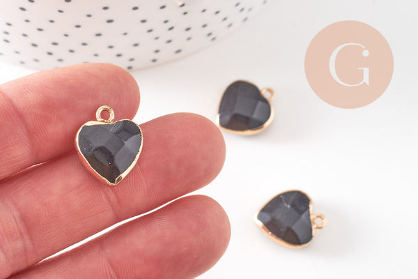 Pendentif coeur jade naturel noir facettes 17mm, x1 (G2525)