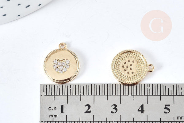 Pendentif cœur laiton doré 14K et cristal zircon 16mm,pendentif laiton amour pour création bijoux, x1 G8520