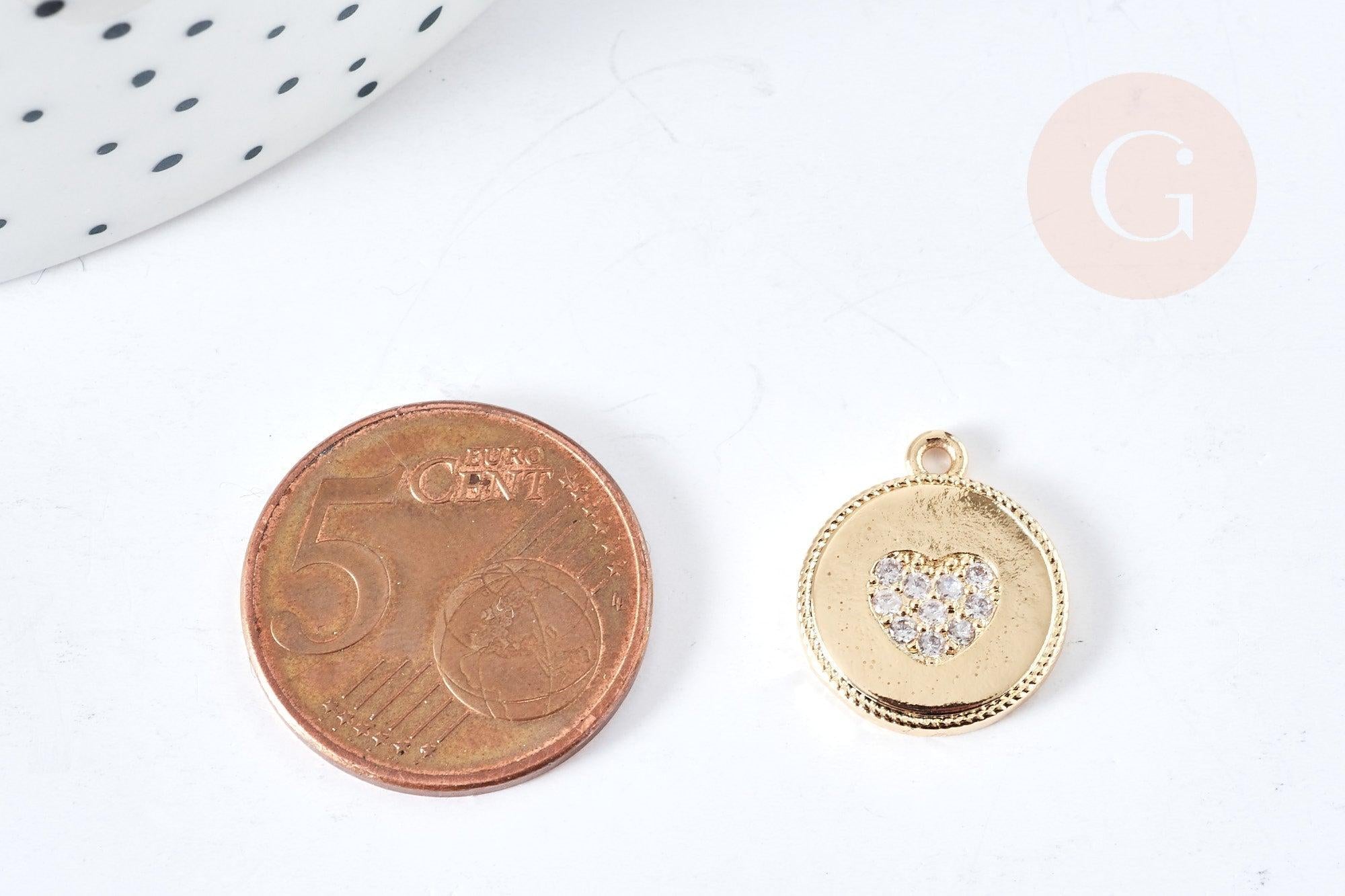 Pendentif cœur laiton doré 14K et cristal zircon 16mm,pendentif laiton amour pour création bijoux, x1 G8520