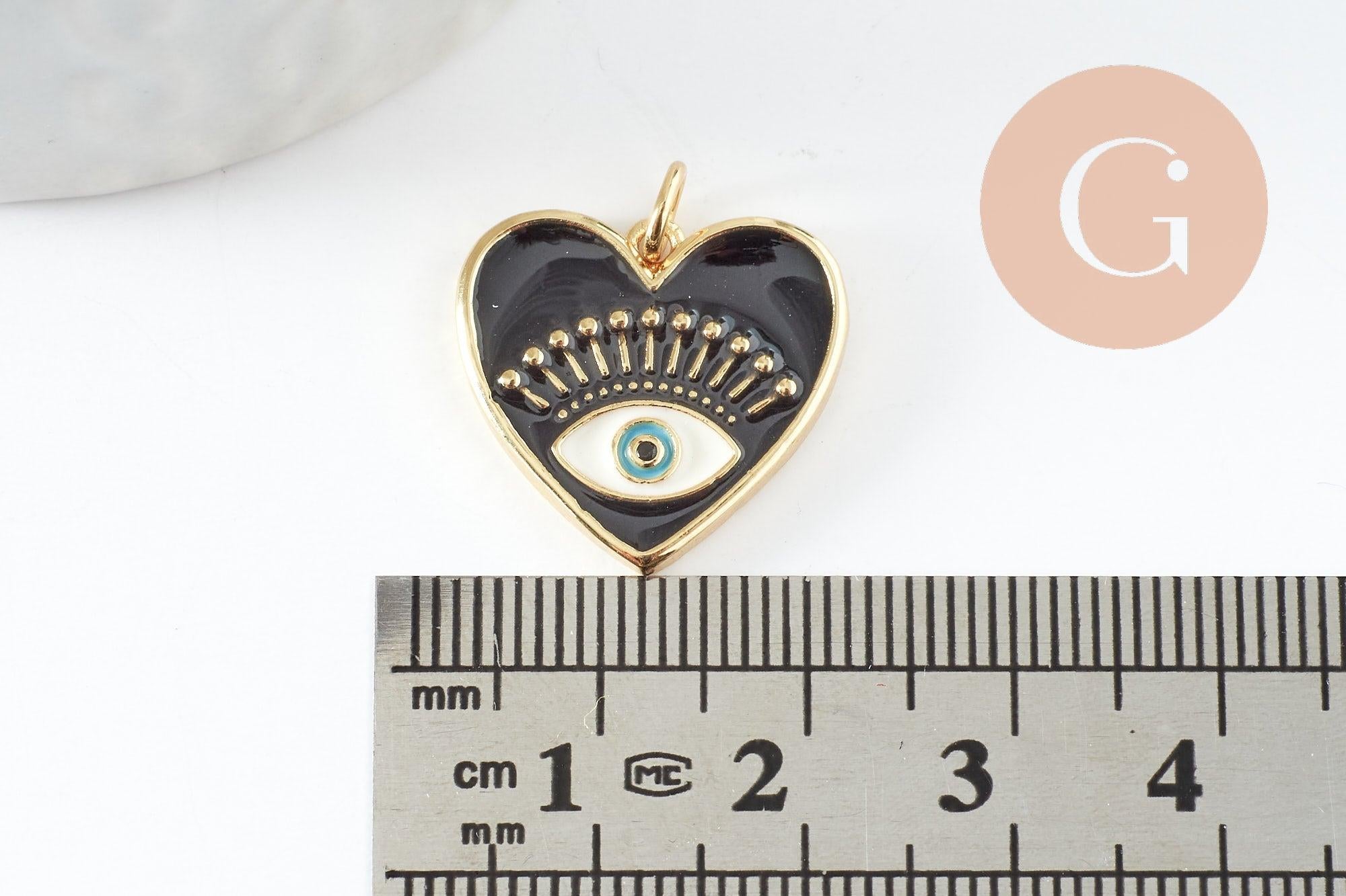Pendentif coeur laiton doré 18K émail noir 19mm, x1 (G5017)