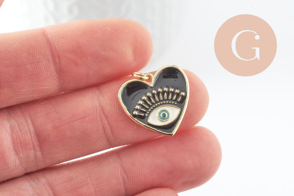 Pendentif coeur laiton doré 18K émail noir, création bijou mauvais oeil protecteur,18x19mm, x1 (G5017)