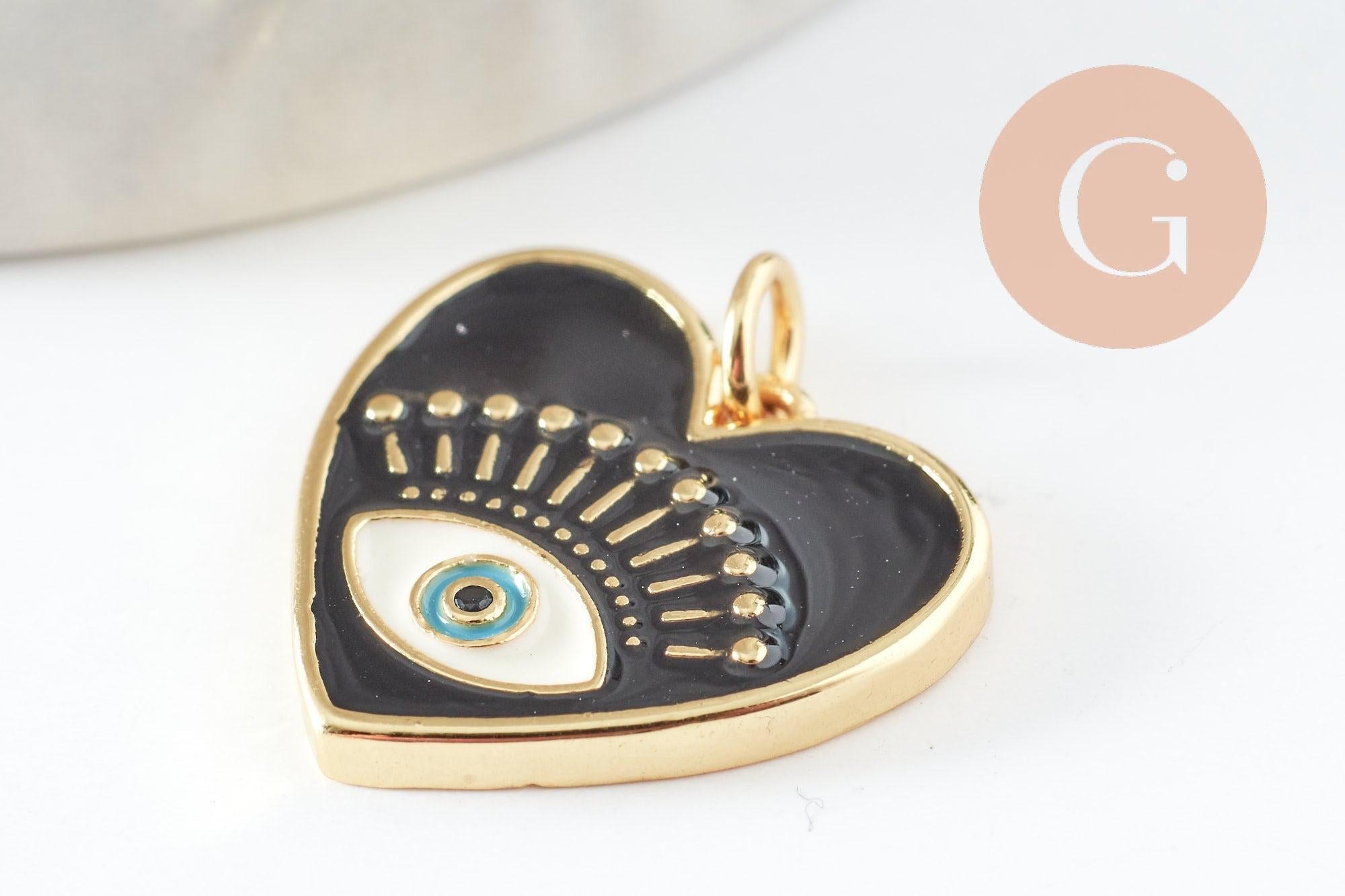 Pendentif coeur laiton doré 18K émail noir 19mm, x1 (G5017)