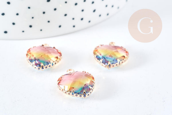 Pendentif coeur laiton doré cristal multicolore facettes 20mm,pendentif cristal, pendentif doré,création bijoux, x1 (G8487)