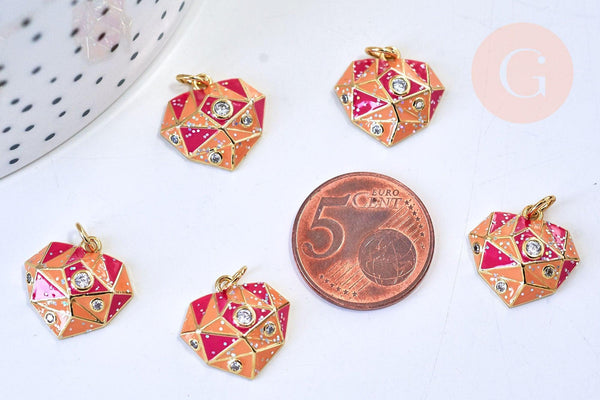 Pendentif coeur laiton doré émail rouge orange zircon, un pendentif à facette laiton coeur,sans nickel,16mm, x1 G5642