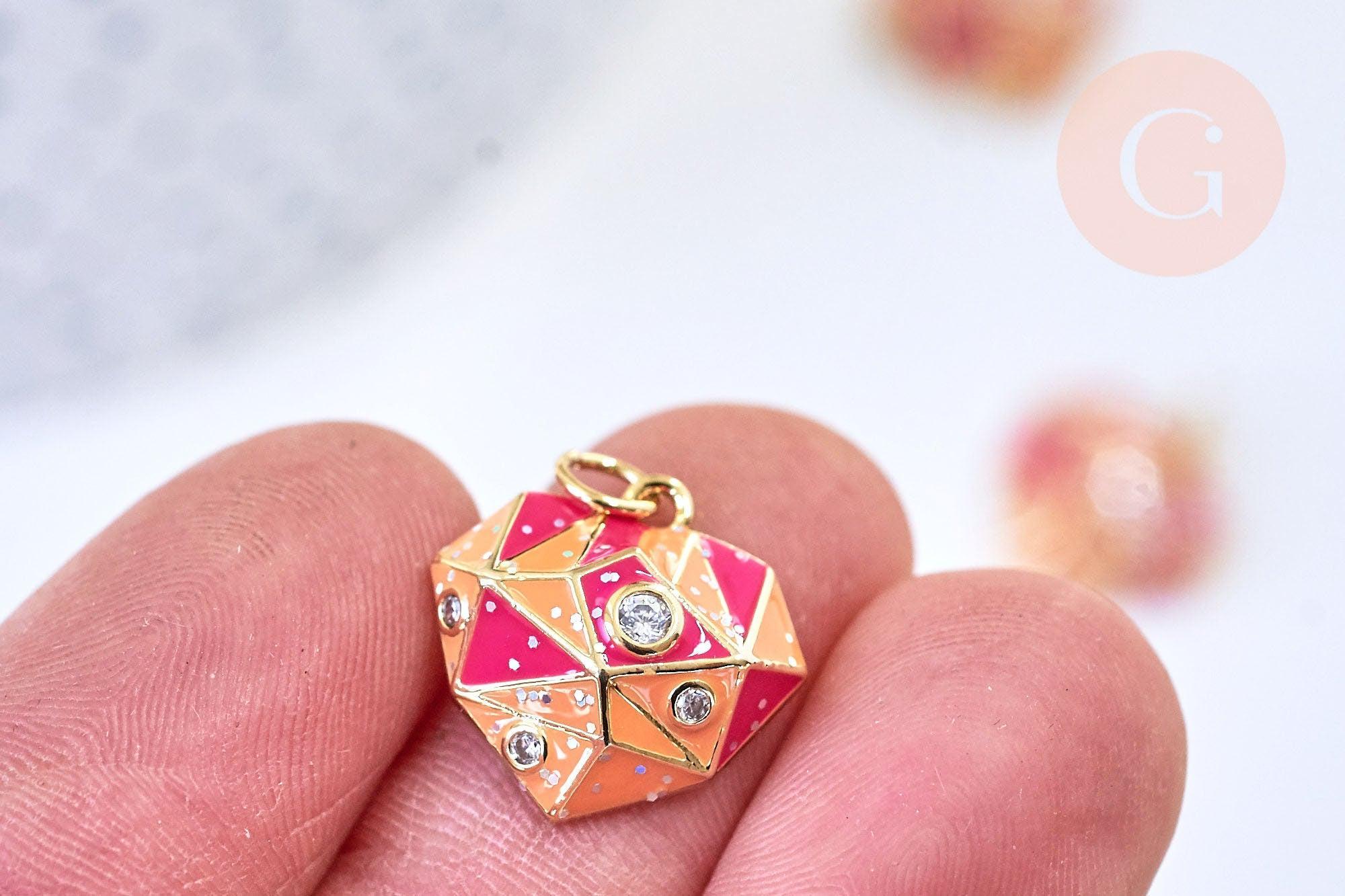 Pendentif coeur laiton doré émail rouge orange zircon, un pendentif à facette laiton coeur,sans nickel,16mm, x1 G5642