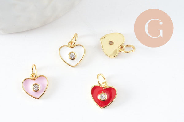 Pendentif coeur laiton doré émaillé et zircon 9x9mm ,pendentif doré,coeur doré, pendentif laiton doré, x1 (G3578)