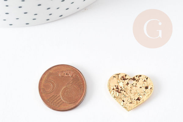 Pendentif coeur martelé laiton doré 18K, pendentif géométrique texturé création bijoux, 20x17mm, x2 G3302