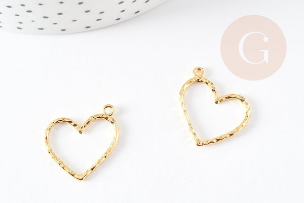 Pendentif coeur martelé laiton doré 18K, pendentif géométrique texturé création bijoux, 23x22mm, x2 G5529