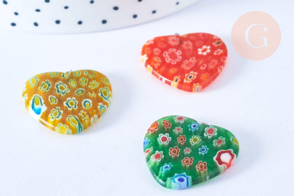 Pendentif cœur millefiori verre murano 27mm, x1 (G7143)