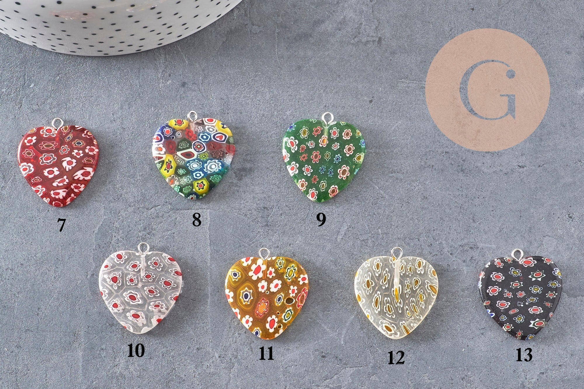 Pendentif cœur millefiori verre murano 27mm, x1 (G7143)