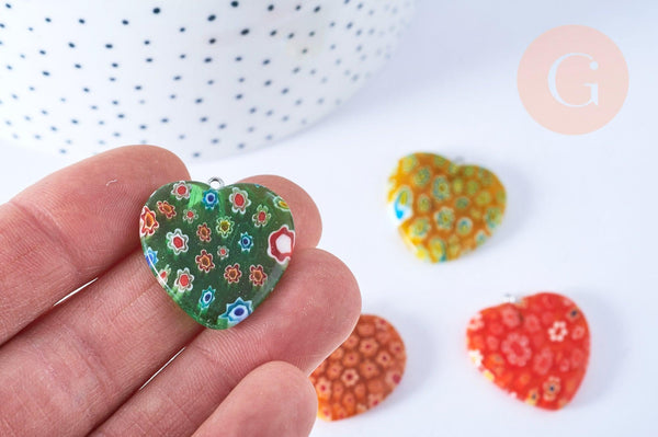 Pendentif cœur millefiori verre murano 27mm, x1 (G7143)