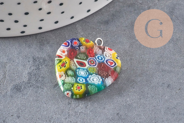 Pendentif cœur millefiori verre murano 27mm, x1 (G7143)