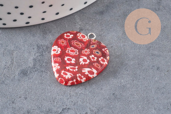 Pendentif cœur millefiori verre murano 27mm, x1 (G7143)