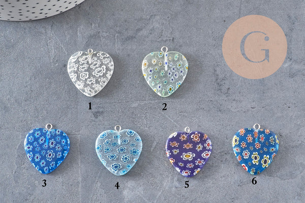 Murano glass millefiori heart pendant 27mm, x1 (G7143)