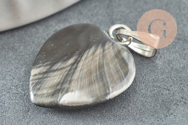 Pendentif coeur nacre noire naturelle platine 17-19mm, x1 (G3994)