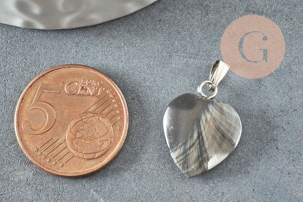 Pendentif coeur nacre noire naturelle platine 17-19mm, x1 (G3994)