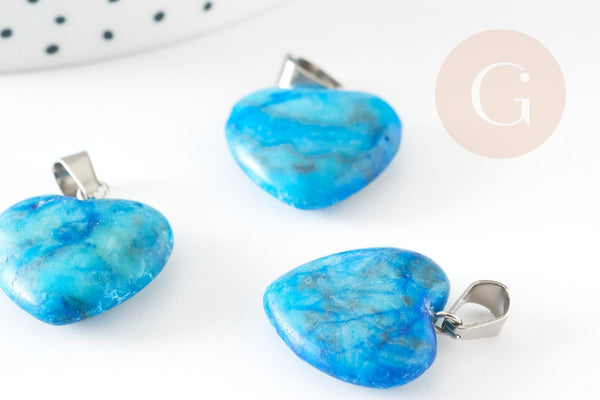 Pendentif coeur pierre naturelle bleu turquoise laiton platine 22mm, pendentif pour création bijou amour x1 G9262