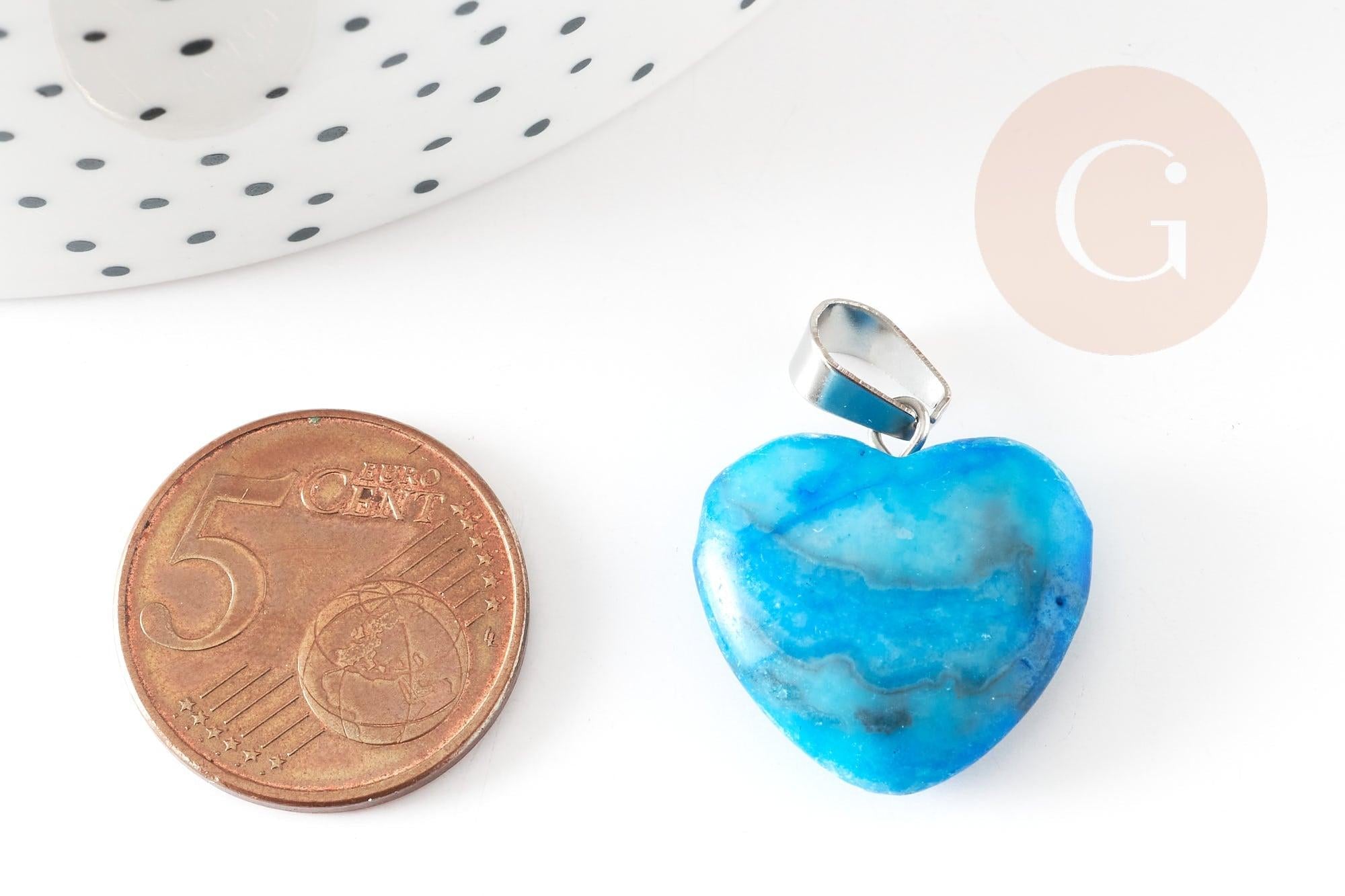 Pendentif coeur pierre naturelle bleu turquoise laiton platine 22mm, pendentif pour création bijou amour x1 G9262