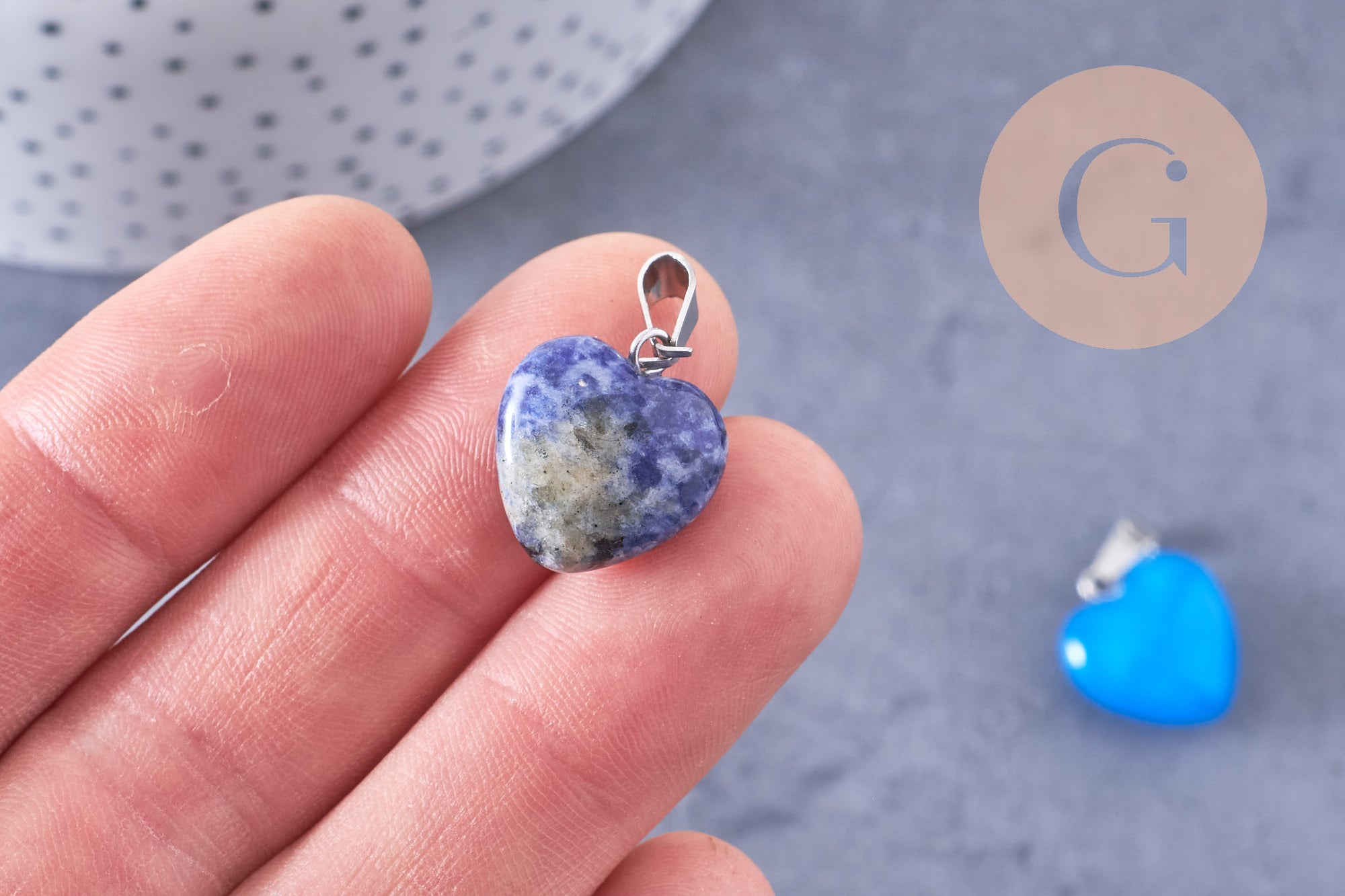 Pendentif cœur pierre naturelle laiton platine 17~19mm, x1 (G7958)
