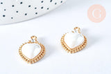 Pendentif cœur porcelaine strass blanc laiton doré 18K 23mm, perle porcelaine cœur pour fabrication bijoux, x1 G6973