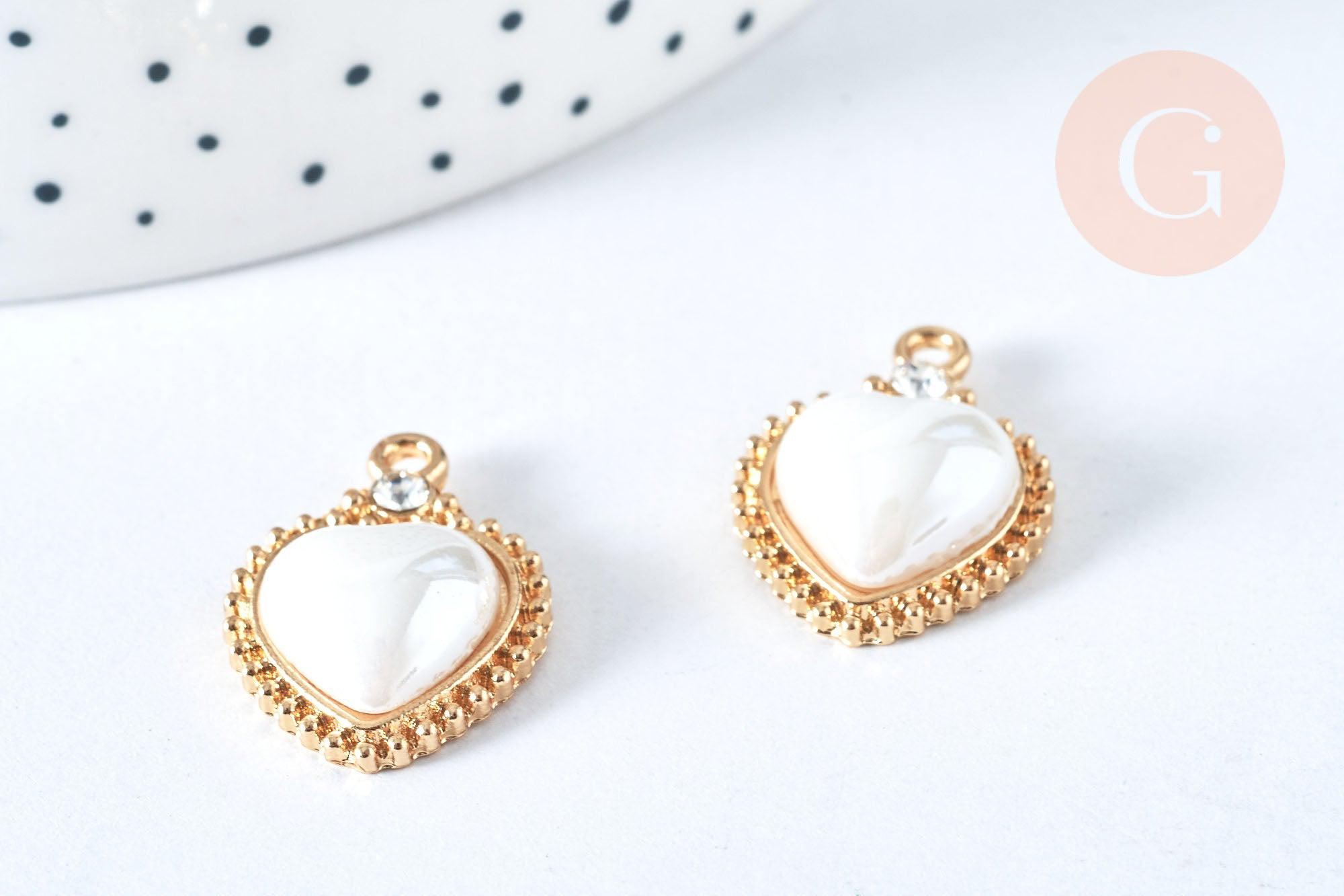 Pendentif cœur porcelaine strass blanc laiton doré 18K 23mm, perle porcelaine cœur pour fabrication bijoux, x1 G6973
