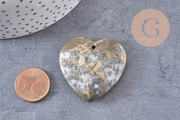 Pendentif coeur pyrite grise, fournitures créatives, pendentif goutte, pyrite naturelle,pierre naturelle,40x40mm, x1 G3084