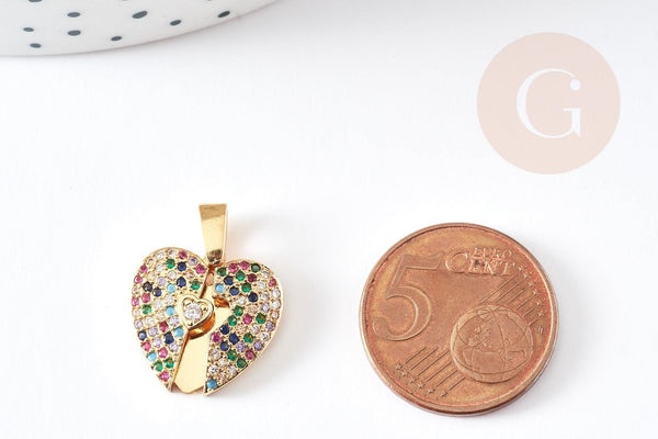 Pendentif coeur qui s'ouvre zircons coloré 16mm, x1 (G4744)